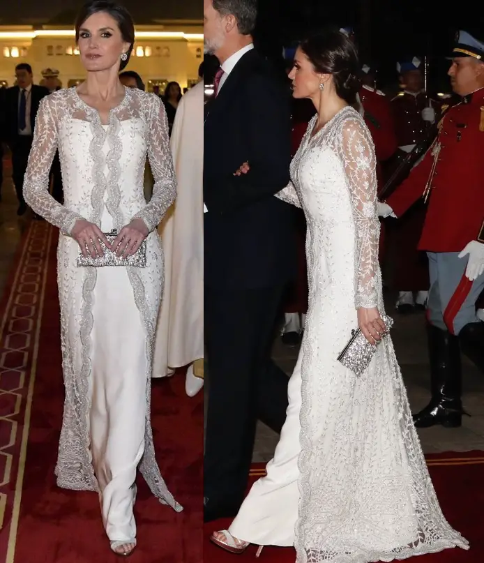 Queen Letizia wore white silk gown and floral tunic from Felipe Varela for Gala Dinner in Morocco