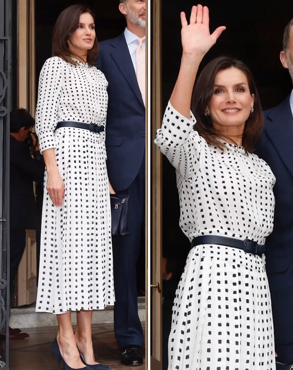 Queen Letizia of Spain was wearing a pleated dress with a two-tone print from Spanish label Massimo Dutti