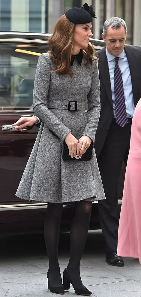The Duchess of Cambridge wore a new grey Catherine Walker Coat dress to visit Kings Collece London