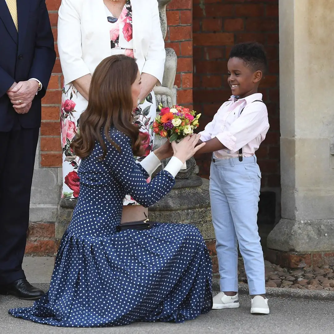 Duchess of Cambridge wore Alessandra Rich Blue Polka Dot midi Dress in May 2019