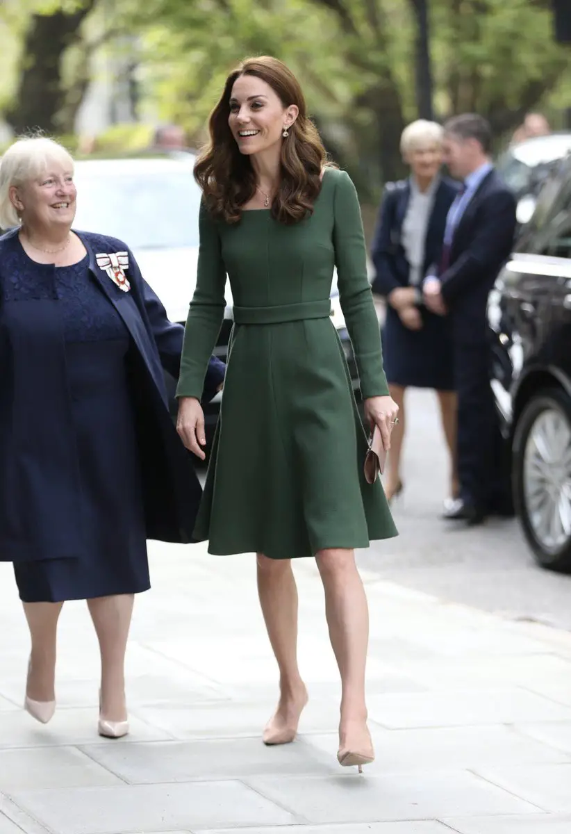 The Duchess of Cambridge wore forest green Emilia Wickstead Kate A-line Wool-Crepe Dress