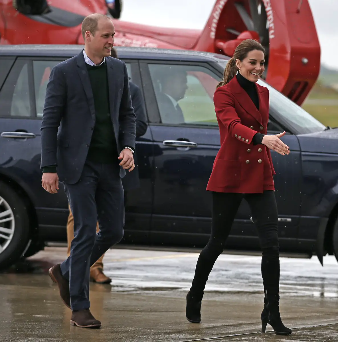 The Duchess of Cambridge was in her old favourites. She wore a red Philosophy di Lorenzo Serafini blazer that she first wore in 2017