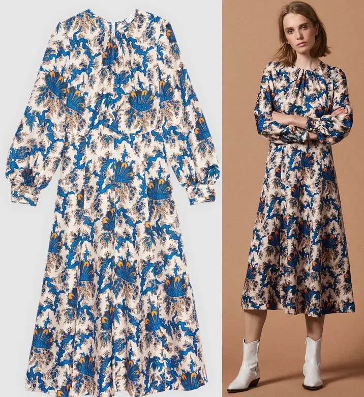 Queen Letizia was looking absolutely gorgeous in a new Sandro All-Over Print Long Silk Dress.