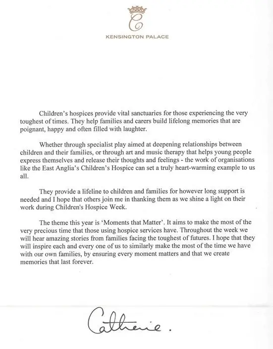 Duchess of Cambridge wrote a letter of support to EACH