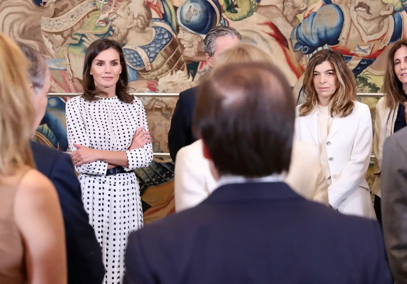 Queen Letizia in White Massimo Dutti Bicolor Polka Dot Dress for Palace Audience