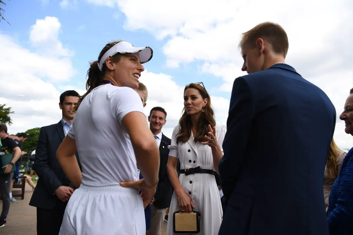 Duchess of Cambride visited Wimbledon as the patron of the Lawn Tennis wearing white suzannah dress