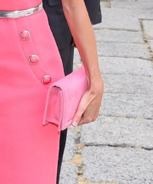 Queen Letizia in Pink Michael Kors Dress and Magrit Pink Suede Clutch