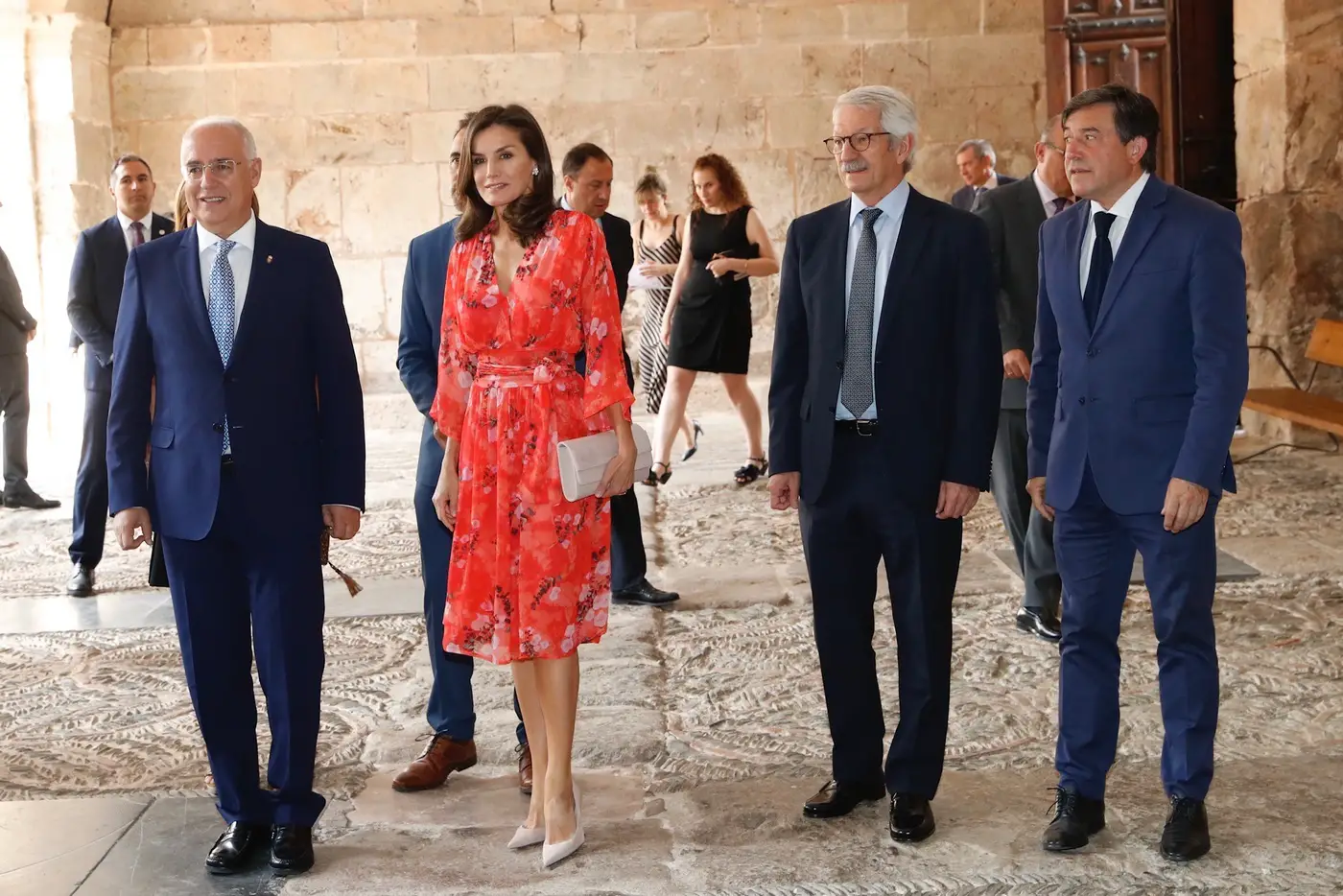 Queen Letizia in red Adolfo Dominguez Floral dress at Seminar Closing in Rioja