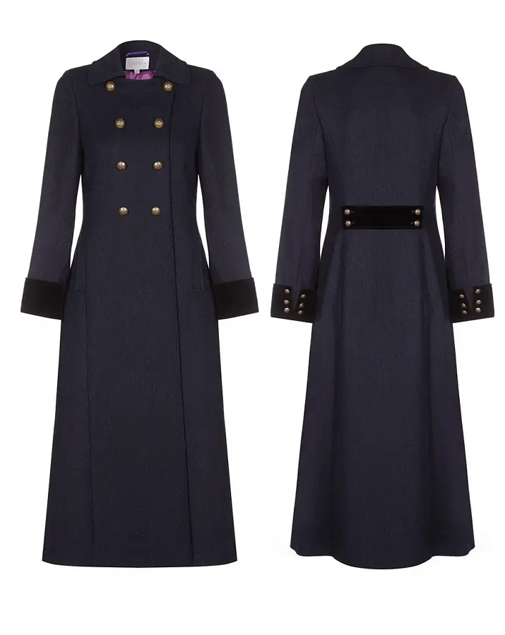 Duchess of Cambridge wore Guinea London Navy Herringbone Velvet Cuff Trench Coat to Balmoral Church Service