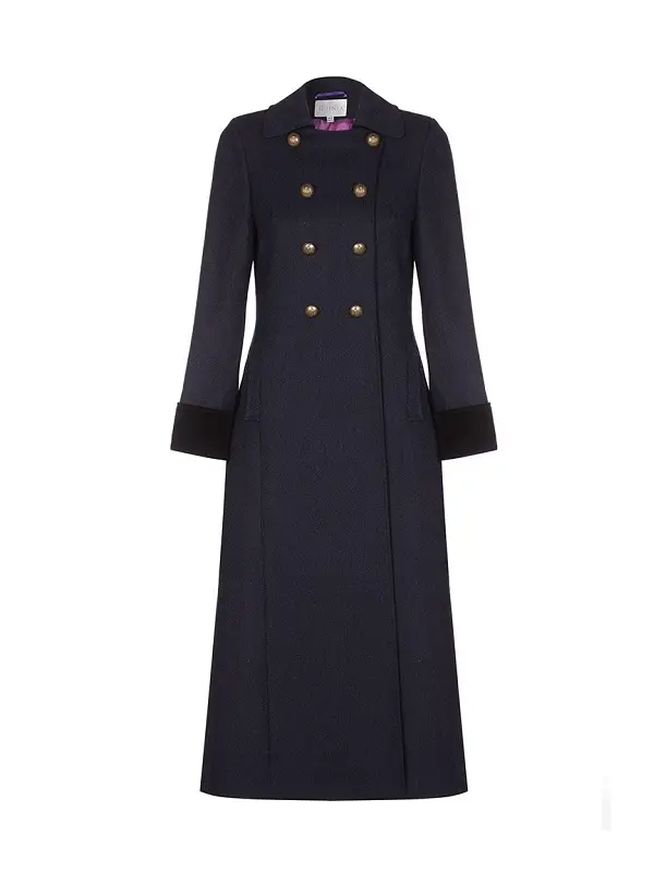 Duchess of Cambridge wore Guinea London Navy Herringbone Velvet Cuff Trench Coat to Balmoral Church Service