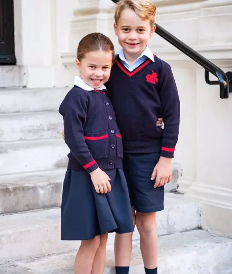 Prince George with Princess Charlotte on charlottes first day of school official portrait 1