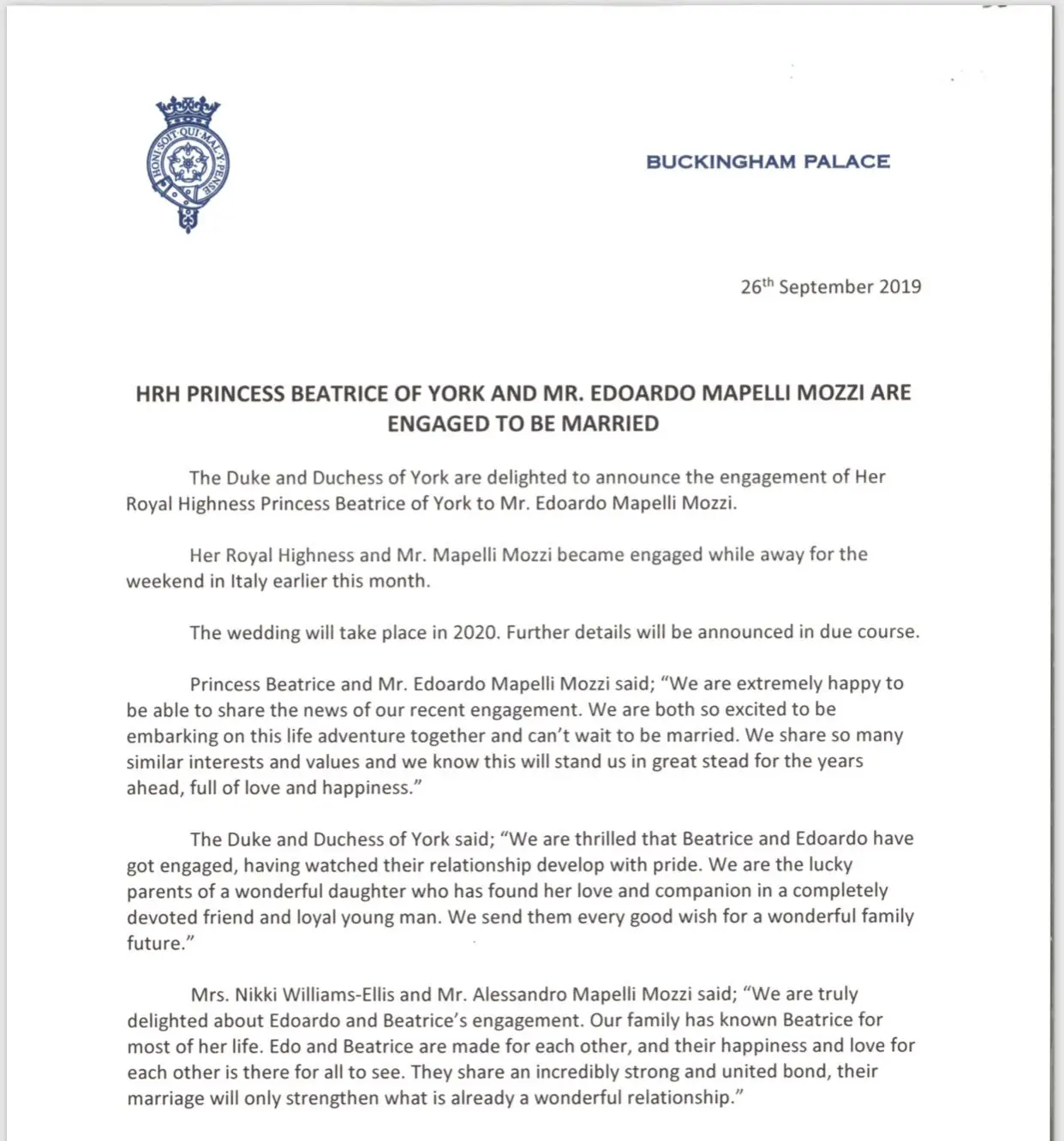 Duke and Duchess of York announced the engagement