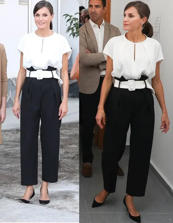 Queen Letizia wore white satin blouse with Uterque white belted trouser for school session opening