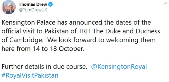The Duke and Duchess of Cambridge will visit Pakistan in October