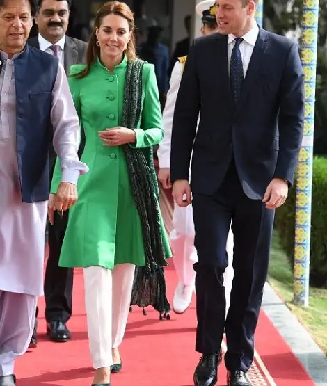 Duchess of Cambridge in Catherine Walker tunic Maheen khan trouser and emmy london pumps to meet Imran Khan