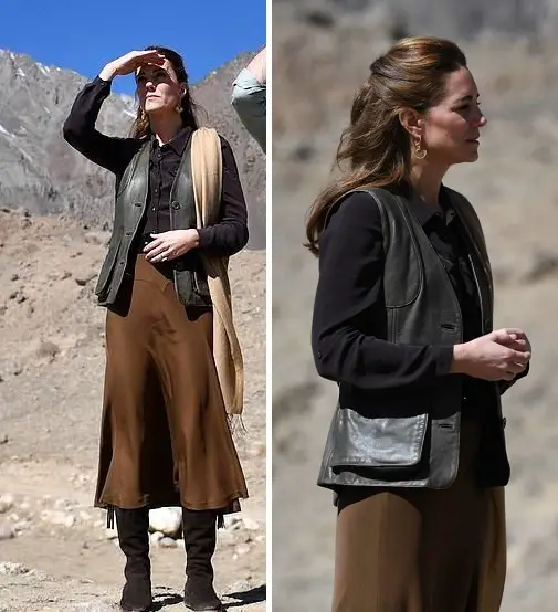 Duchess of Cambridge wore brown shirt, taupe skirt, really wild clothing jacket ad shoes and Missoma earrings to Chitral visit in Pakistan