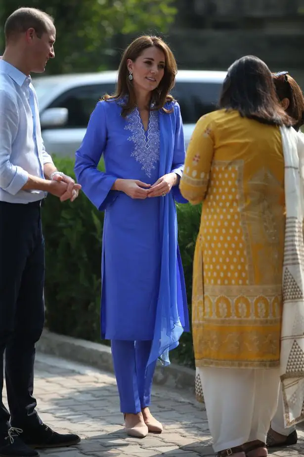 The Duchess of Cambridge in blue kurta and trouser by Maheen Khan on Day 2 of Pakistan visit
