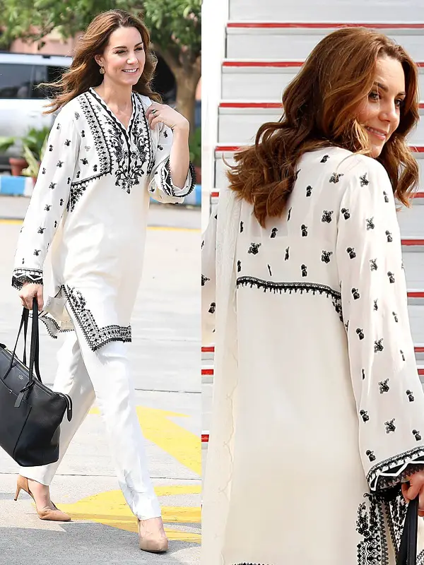 Duchess of Cambride wore Elan Black and White Embroidered Tunic in Pakistan