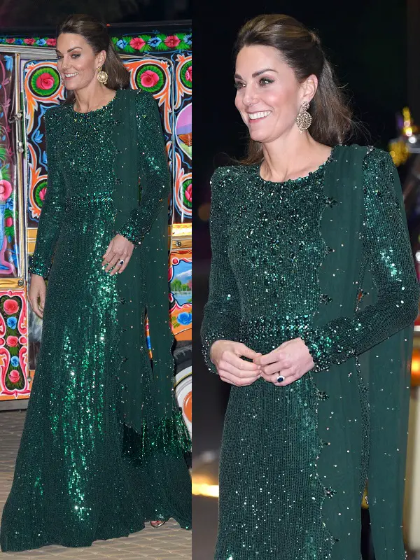 Duchess of Cambridge wore Jenny Packham Georgia Sequined Gown in green