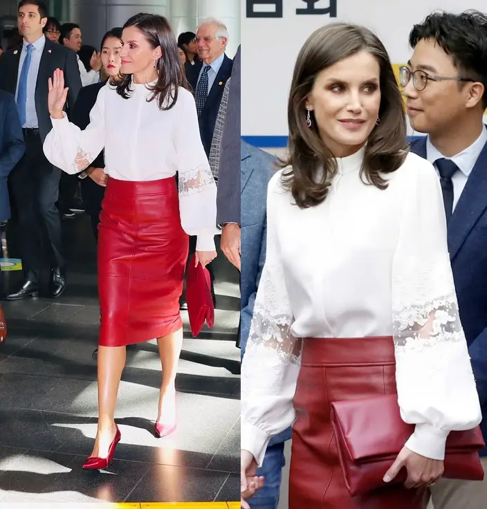 Letizia-wore-White-Carolina-Herrera-blouse-and-Red-Boss-lambskin-skirt