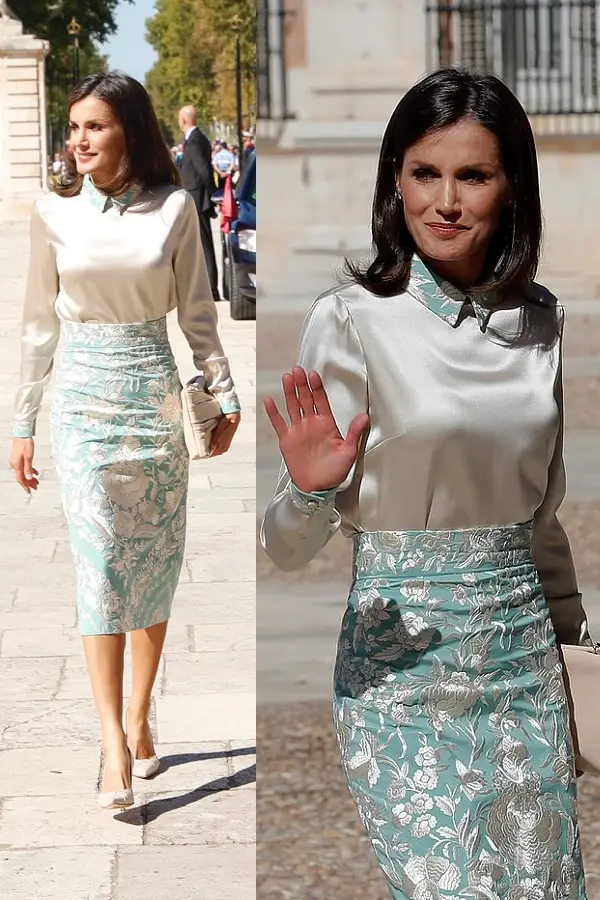 Queen Letizia wore an elegant Duyos Manila Shawl Skirt and Ivory Blouse for annual Cervantes Meeting