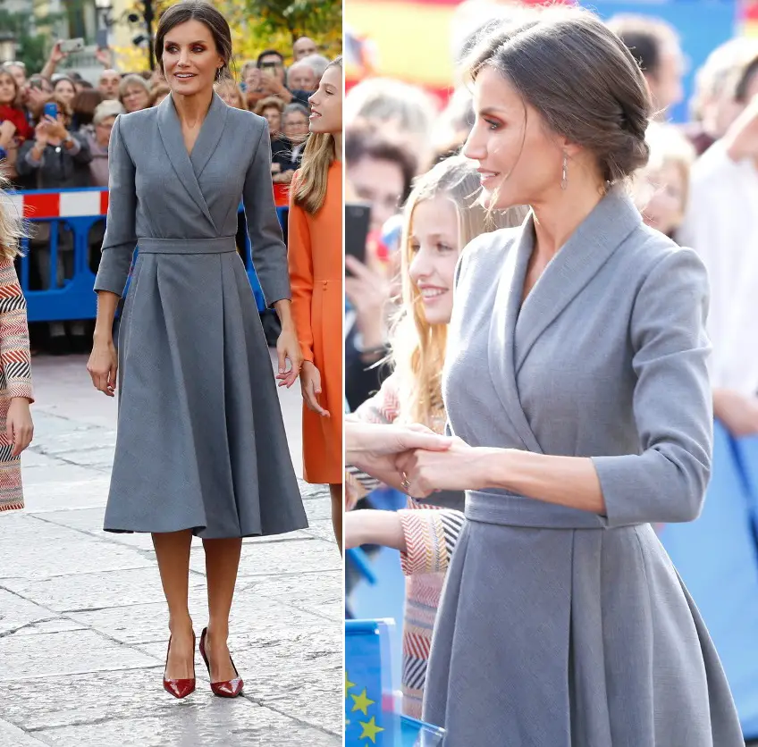 Queen Letzia wore grey wrap dress to oviedo with princess leonore and infanta sofia
