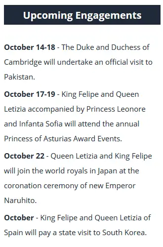 Duchess of Cambridge and Queen Letizia's upcoming engagements