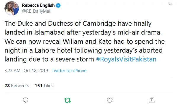 Duke and Duchess of Cambridge spend a night at a hotel in Lahore after flight delay