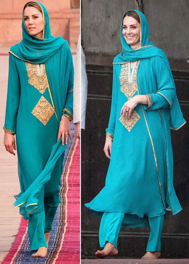 Duchess of Cambridge wore Maheen Khan turquoise and gold Shalwar Kameez to visit Badshahi Mosque in Lahore