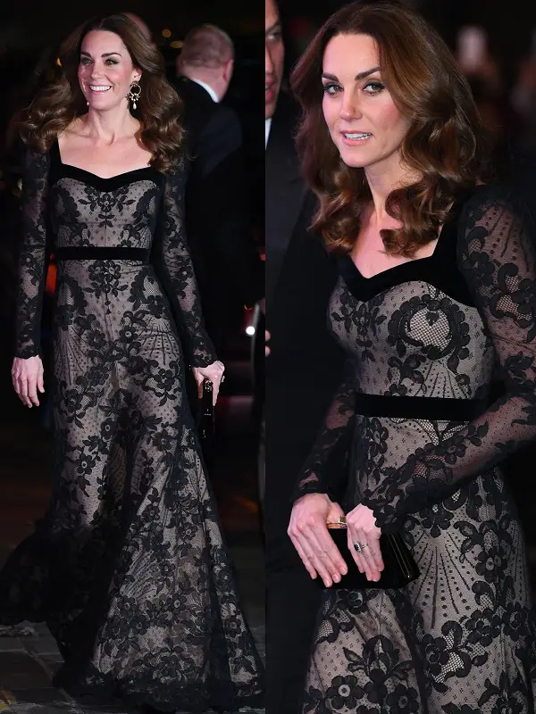 Duchess of Cambridge wore Alexander McQueen Black Lace Gown at the Royal Variety Performance in November 2019