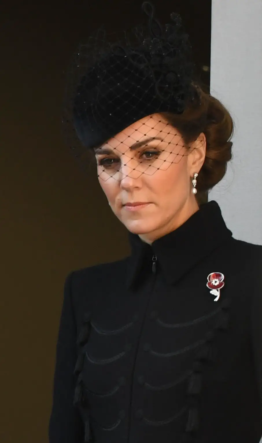 The Duchess of Cambridge wore black Catherine Walker Coat and Philip Treacy Hat at 2019 Remembrance Sunday Service