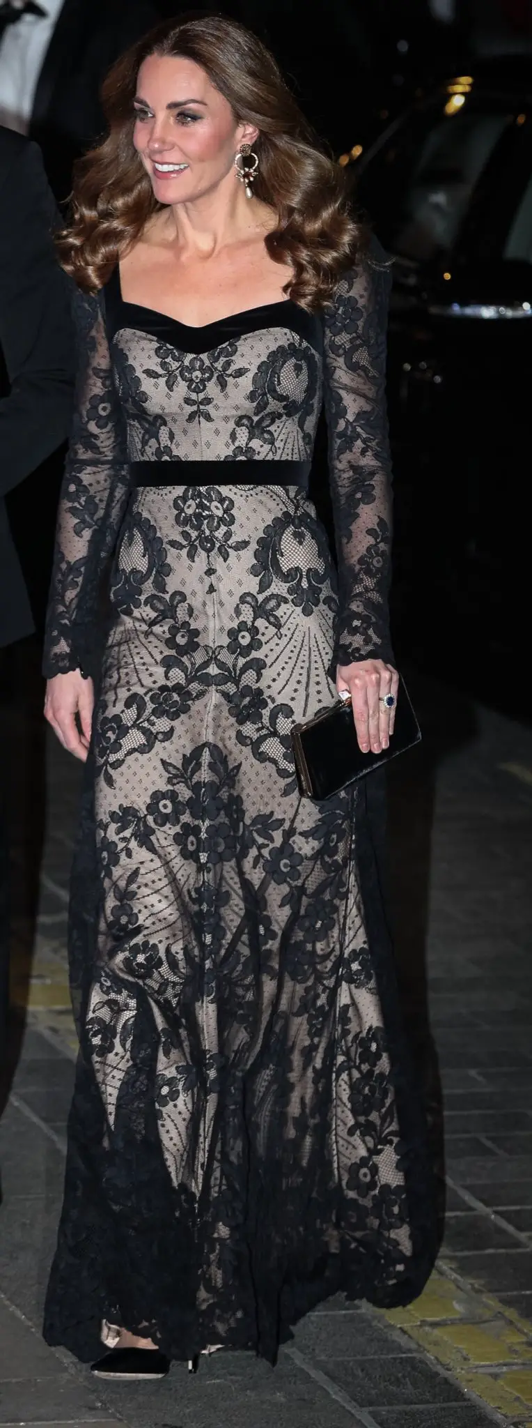 The Duchess of Cambridge wore black Alexander McQueen Lace gown with Erdem earrings and Jimmy Choo Pumps at Royal Variety Performance