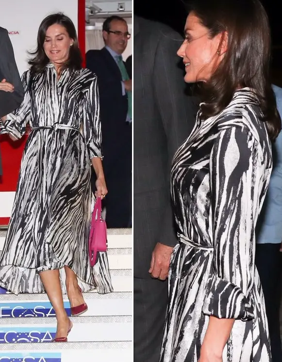 Queen Letizia wore Boss Danimala Printed Shirt Dress Carolina Herrera Croc-effect Leather Slingback pumps, Initials Insignia Satchel in cuba