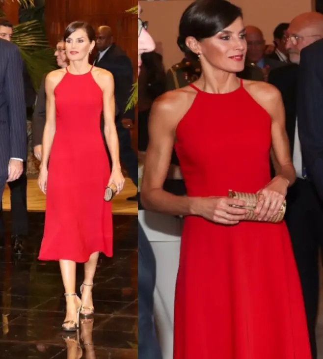 Queen Letizia in red Halter Neck dress at the Gala Dinner in Cuba