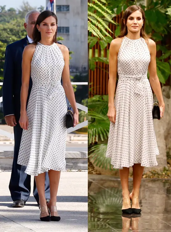 Queen Letizia wore Carolina Herrera Polka Dot Dress with Steve Madden Plaza Mules and Nina Ricci Arch Clutch in Cuba