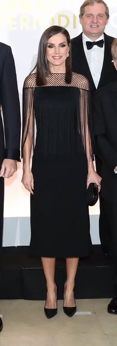 Queen Letizia wore Hugo Boss Dandora Satin-back crepe dress with macramé and fringe detailing