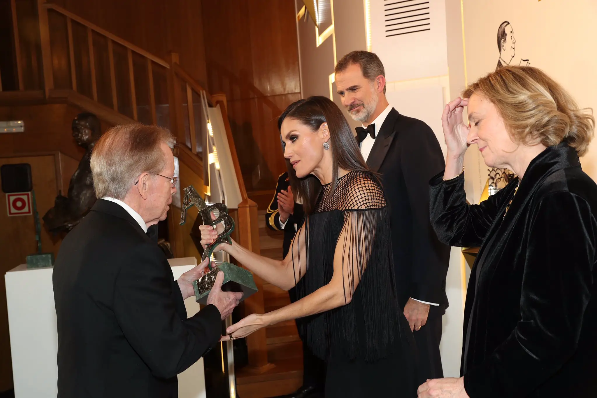 Queen Letizia in gorgeous Hugoboss black dress at ABC Newspaper