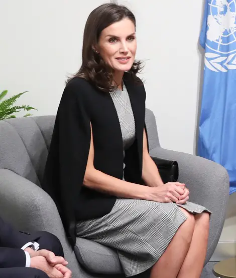 Queen Letizia in Grey Hugo Boss dress for United Nation Climate Change event 4