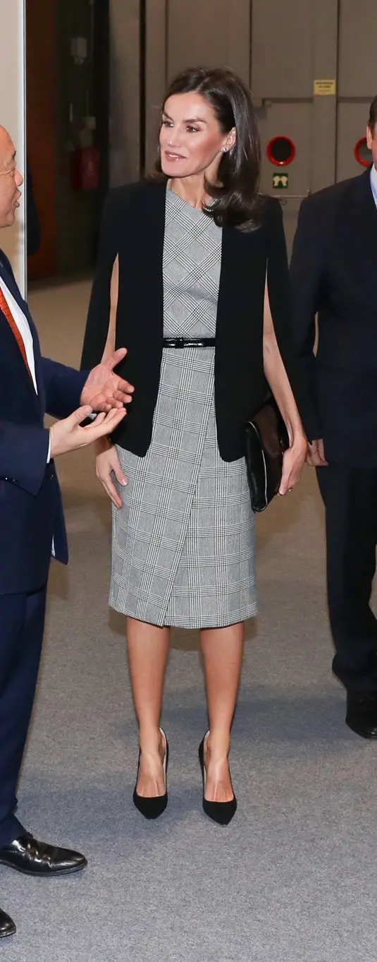 Queen Letizia wore Boss Decehsta Glen Check Stretch Cut Cap Sleeve Sheath Dress.