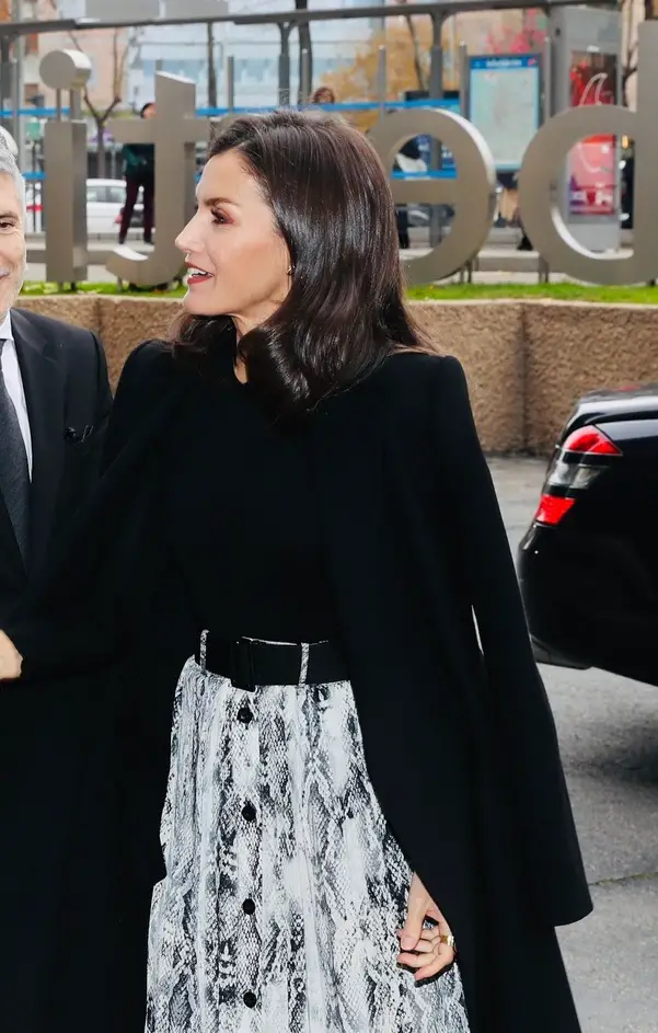 Queen Letizia wore Black Boss sweater and zara animal print skirt at Traffic forum