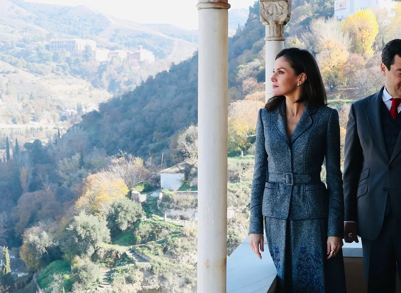 Queen Letizia of Spain was looking elegant in blue Felipe Varela Tweed suit during Granada visit