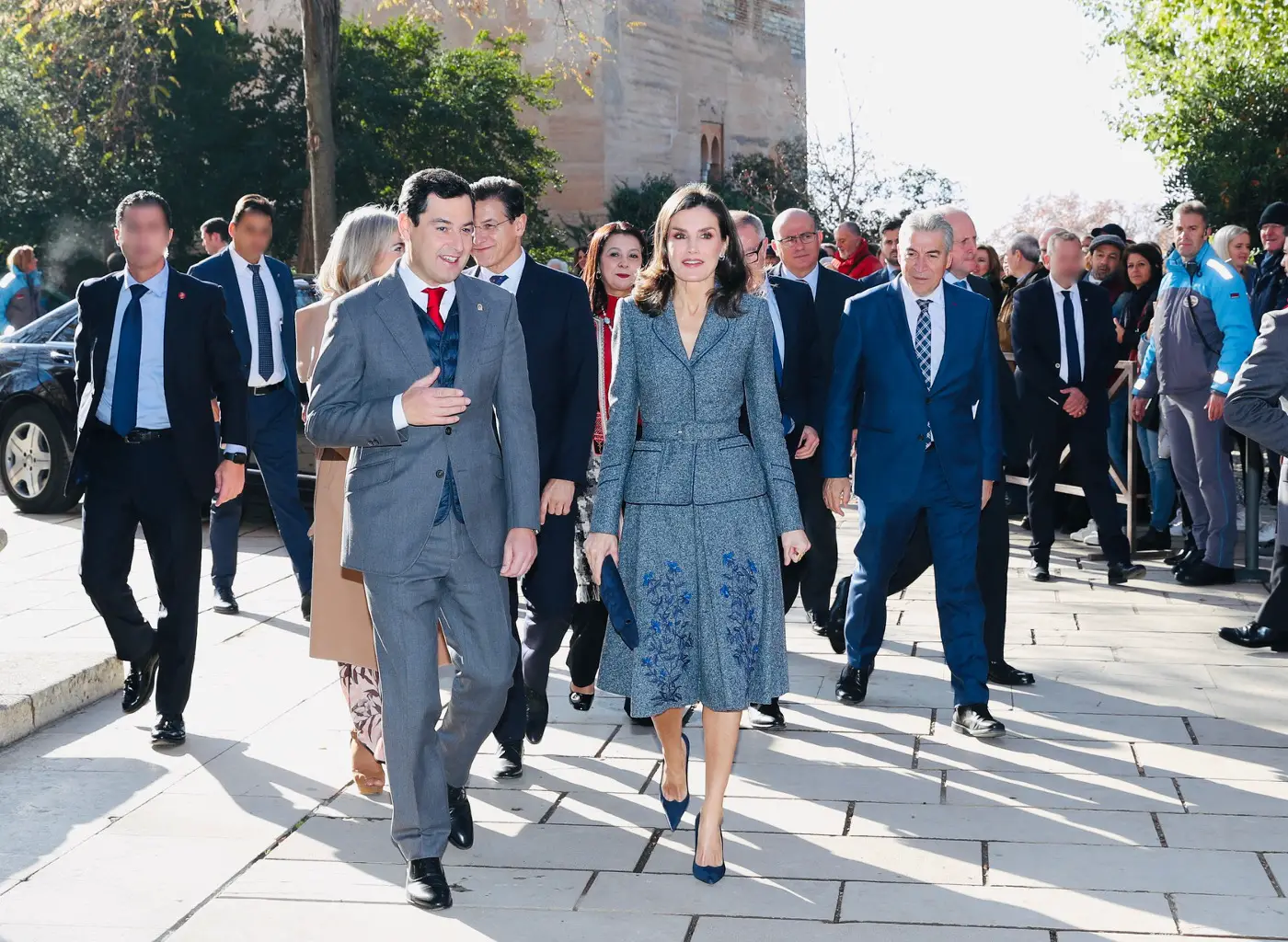 Queen Letizia of Spain wore blue cheviot two-piece Felipe Varela Tweed suit in Granada