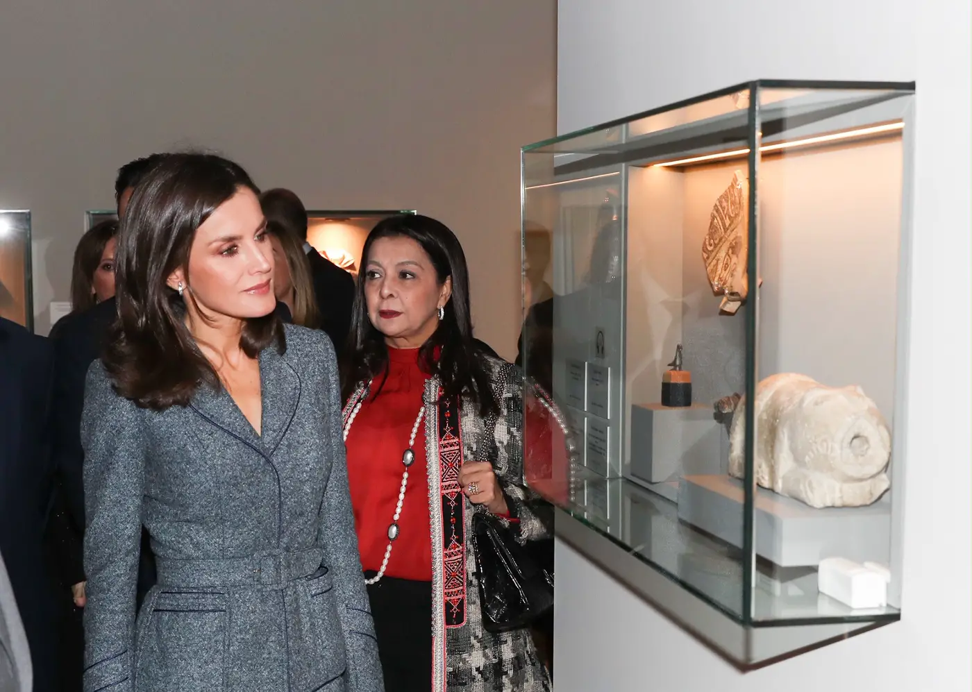 Queen Letizia of Spain wore Felipe Varela tweed suit for the opening of an exhibition in Granada