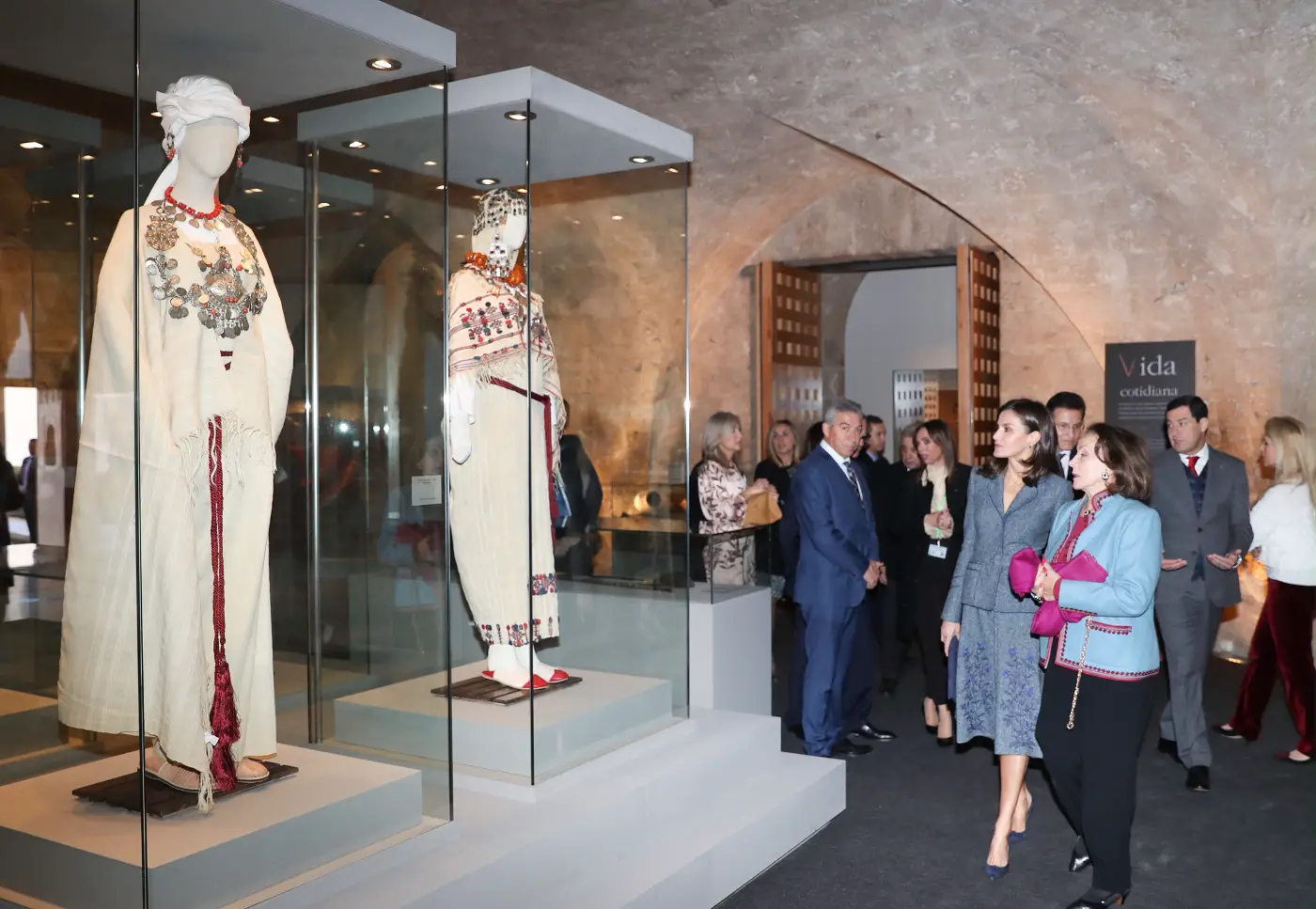 Queen Letizia of Spain in Tweed suit for Granada zirí Exhibition in Granada