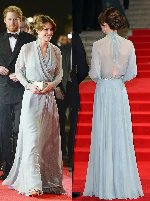 Duchess of Cambridge wore Jenny Packham Duck Egg Blue Gown in October 2015 to attend the world premiere of the Bond movie Spectre in London