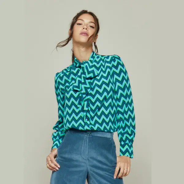 The Duchess of Cambridge wore Tabitha Webb Pansy Pussybow blouse Green Chevron Blouse to launch the 5 Big Question survey