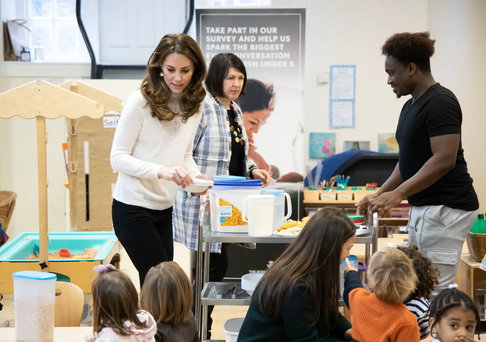The Duchess of Cambridge serving breakfast to children at LEYF Early Years Chef Academy