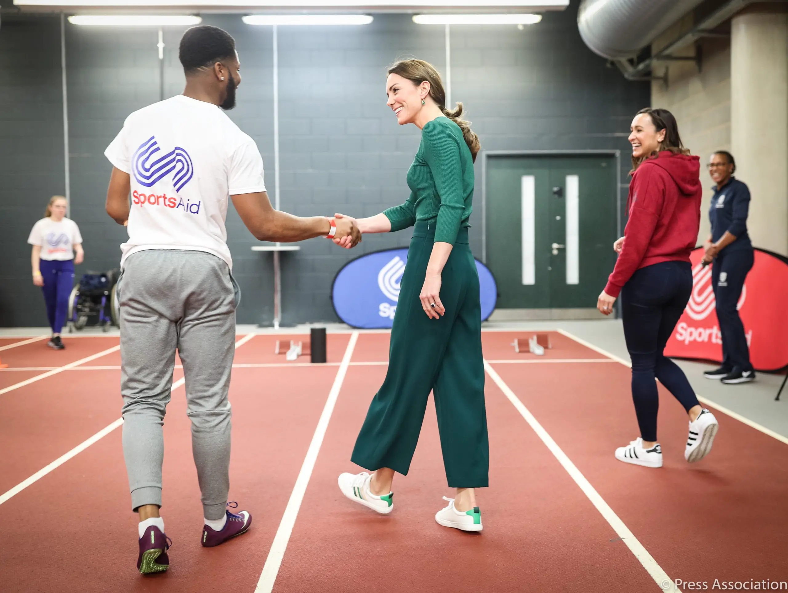 The Duchess of Cambridge attended SportsAid event at London Stadium wearing Green zara culottes