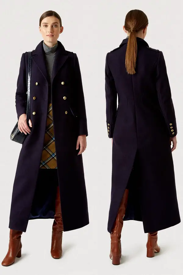 The Duchess of Cambridge wore Hobbs London double-breasted Bianca Maxi Coat in February 2020 during Wales visit.