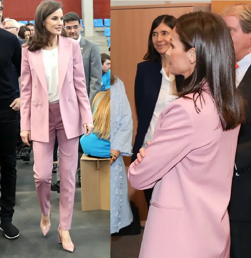 Queen Letizia wore Boss Jericoa Stretch Wool Double Breasted Blazer and Tiluna Stretch Wool Ankle Trousers